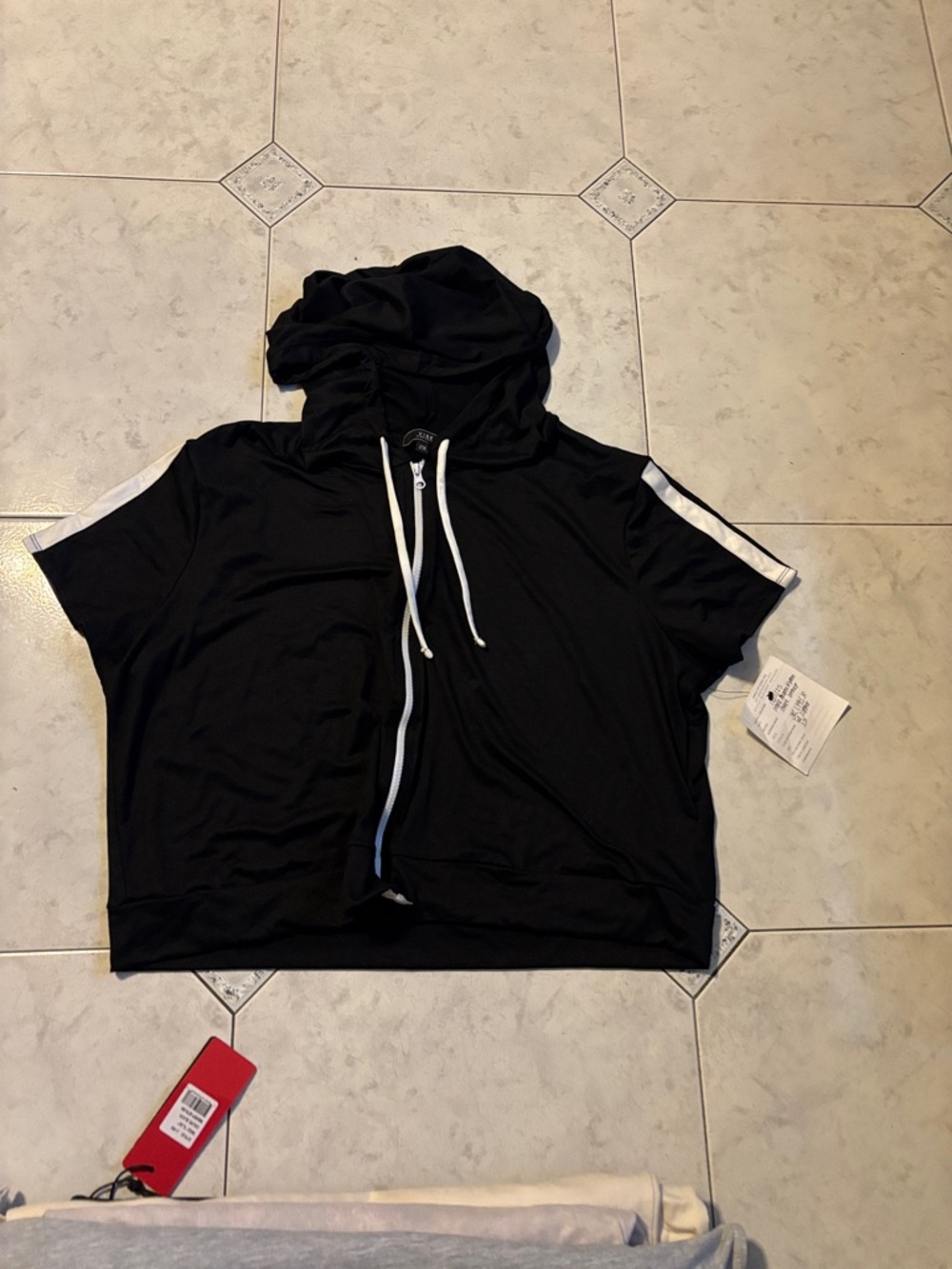 Vibe Black Short Sleeve Hooded Sweatshirt with White Trim